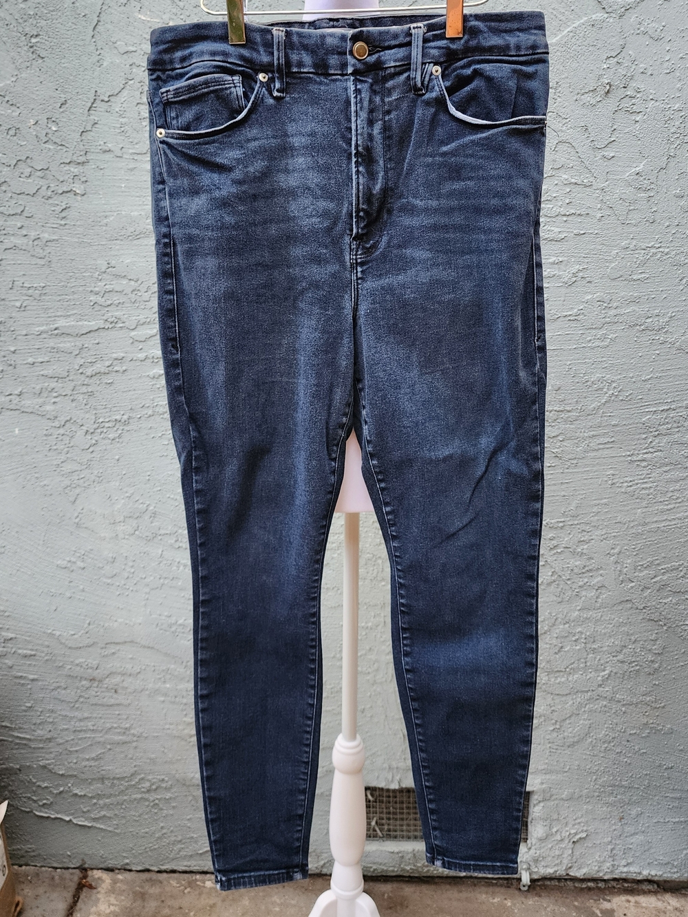 Good American High Rise Skinny Jeans Dark Acid Wash Stretch Denim Ankle Slim Leg